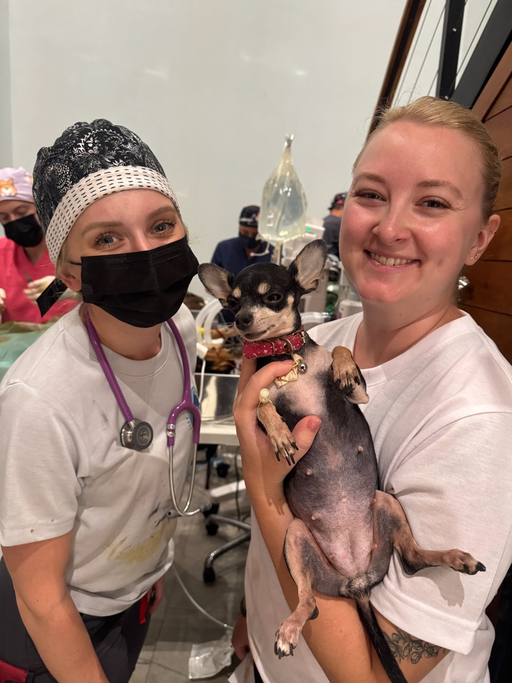 Two smiling PRCP team members hold up a tiny black chihuahua with a red collar at the clinic